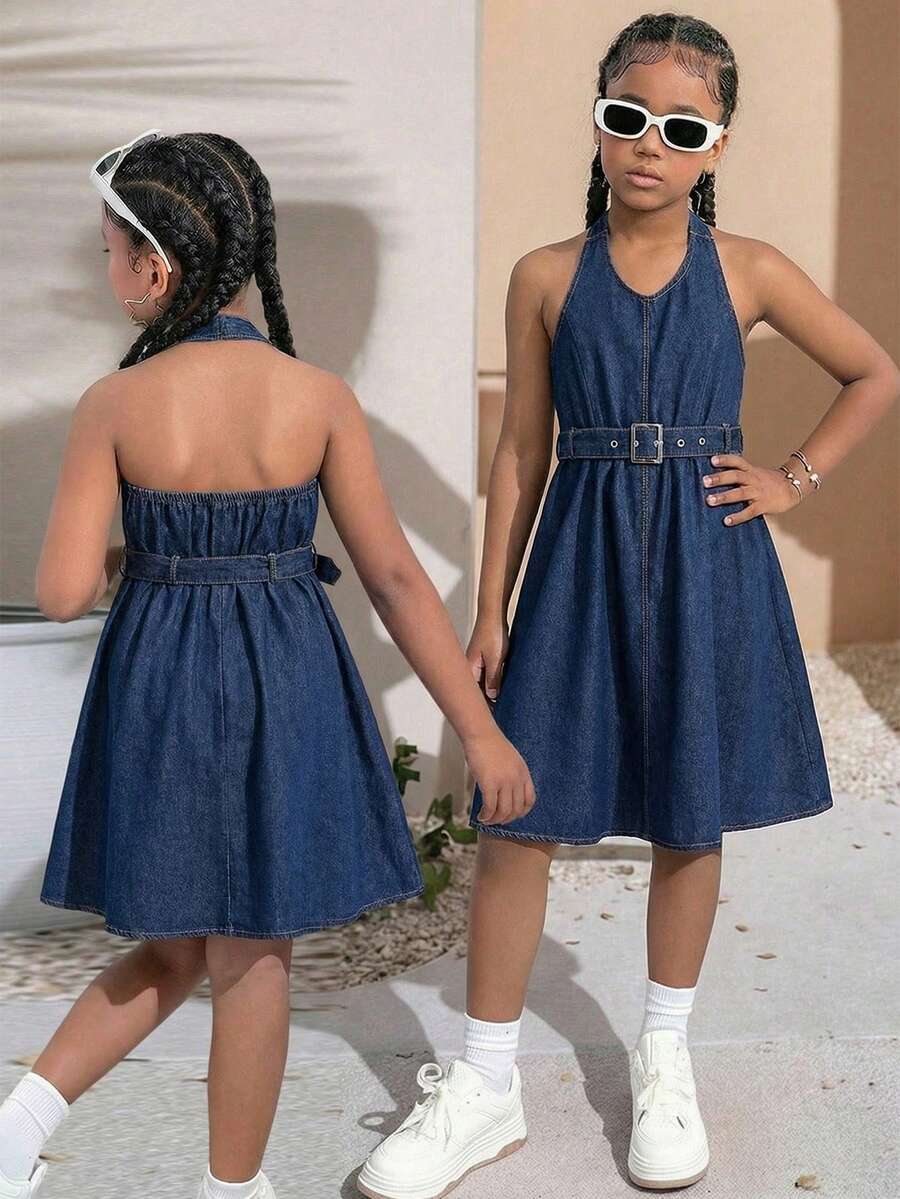 SHEIN Vestido Denim Sem Costas com Alça de Amarrar para Meninas Pré-Adolescentes/Adolescentes, Vestido de Férias, Vestido Casual, Estilo Retrô, Roupa de Balada, Streetwear, Vestido para Chá da Tarde, Estilo Y2K, Roupa de Férias, Roupa de Aeroporto, Mini Saia Denim, Volta às Aulas, Estilo Vintage. Vestido de Verão, Saia Denim/Vestido Denim/Saia Denim - Azul - Visão 1