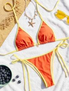 Swim Mod Women's New Solid Color Triangle Cup Bikini Set, Sexy Tie-Up Contrast Color Swimsuit 2 Pieces - Orange - View 3