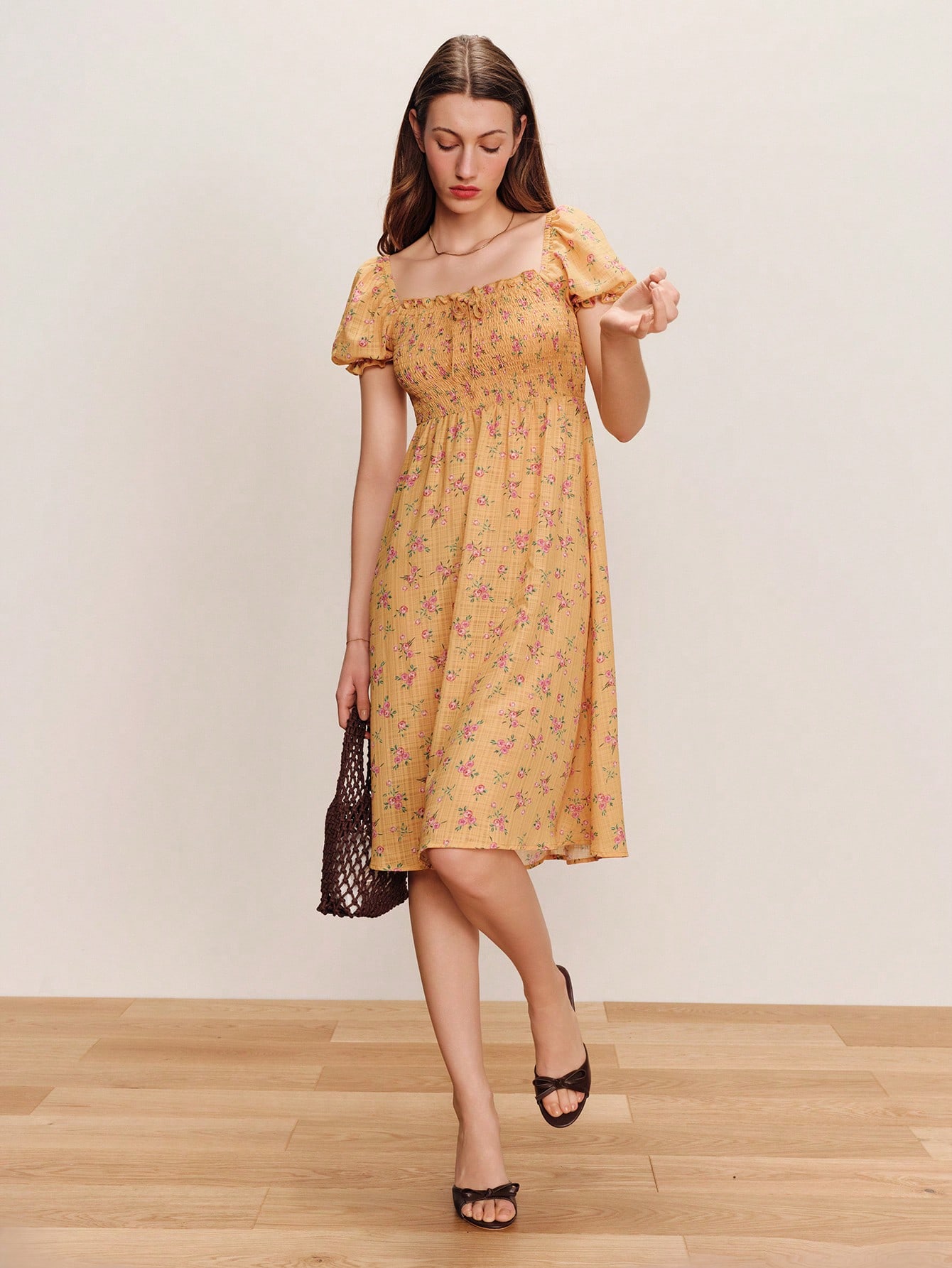 Yellow Shirred Chest Pink Floral Print Dress With Square Neckline And Puff Sleeves Vintage Style Spring Summer French Style Parisian Style Holiday Dress Vacation Dress