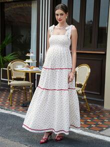 Momance Women's Long Ditsy Floral Spaghetti Strap Tie Bow Elegant Maternity Dress - Apricot - View 7