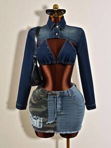 Slaydiva Áo nữ tay dài denim cổ bẻ cài nút, kiểu dáng thời trang, đa năng, thích hợp cho hẹn hò hoặc dạo phố. - Màu xanh lam - Xem 8