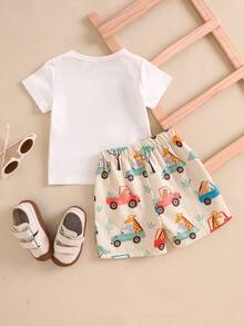 SHEIN Playful Pals Bộ đồ cho bé trai gồm áo tay ngắn và quần short in hình động vật và ô tô hoạt hình dễ thương, thích hợp cho các chuyến đi chơi mùa xuân/hè và mặc hàng ngày. - Nhiều màu - Xem 2