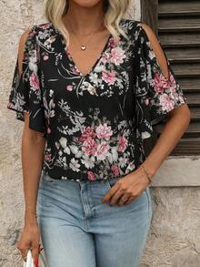SHEIN Clasi بلوزة نسائية بياقة على شكل حرف V وأكمام مكسرة مزخرفة بطبعات زهرية وذيل مشقوق - الأسود - مشاهدة 4