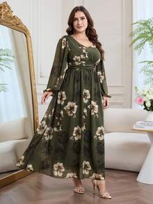 Modelyn Romantic Chiffon Floral Print Long Sleeve A-Line Maxi Dress, Plus Size, Spring/Summer - Multicolor - View 6