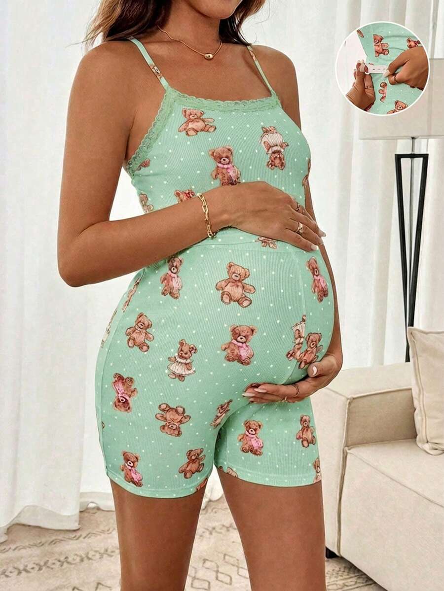 Slowluna 两件套孕妇波点卡通熊印花吊带背心和可调节腰带短裤套装 - 薄荷綠 - 查看 1