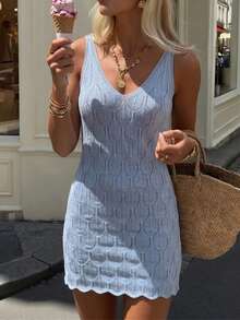 Selianne 新款时尚性感收腰镂空吊带沙滩度假风针织连衣裙，春夏款 - 藍色 - 查看 1