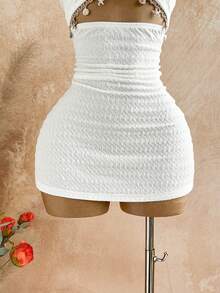 Soleia Plus Size Women's Spring/Summer Vacation Starfish Metal Decor Hollow Lace-Up Backless Mini Dress, Textured Fabric,Summer Outfits,Spring Clothing,Festival Outfits For Women ,Beach Outfit For Women,Holiday Outfits For Women , Birthday Outfits For Women Two Pieces - White - View 4