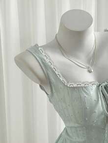 Sweetra Áo hai dây kiểu Pháp thanh lịch thêu ren dành cho nữ, có thể mặc nhiều lớp, thiết kế độc đáo, ôm sát, không tay, cổ vuông, đa năng. - màu xanh lá - Xem 4