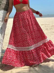 Sunnyshic New Versatile Casual Beach Vacation Unique Design Lace Patchwork A-Line Printed Maxi Skirt - Red - View 3
