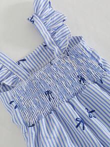 SHEIN Bộ áo liền quần cho bé gái họa tiết sọc dọc, có nơ và viền bèo nhún, kiểu dáng giản dị và dễ thương, thích hợp cho mùa xuân/hè. - Màu xanh lam - Xem 4