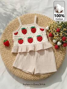 Cozy Pixies 女婴草莓印花吊带背心和松紧腰裤两件套 - 彩色 - 查看 1