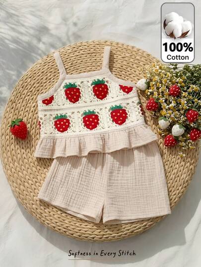 Cozy Pixies 女婴草莓印花吊带背心和松紧腰裤两件套