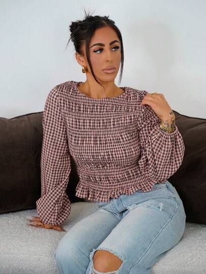 SAYEHFBABY 女士格子收腰圆领长袖衬衫，圣诞节女士休闲衬衫，褶裥设计，修身腰部，弹力格子衬衫，红色春季粉色