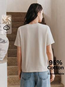 Anewsta Summer Vacation Casual Outfit, 95% Cotton Comfortable Round Neck Short Sleeve T-Shirt With Ocean Elements, Hollow-Out Embroidery And Beaded Decor, Suitable For Beach Holiday - Apricot - View 2