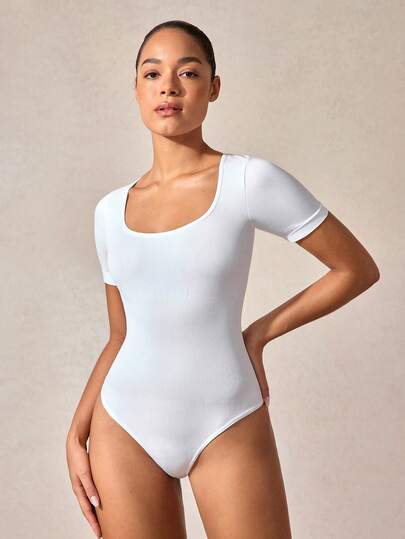 1pc Women Solid Color Shapewear Bodysuit, Tummy Control Slimming Jumpsuit