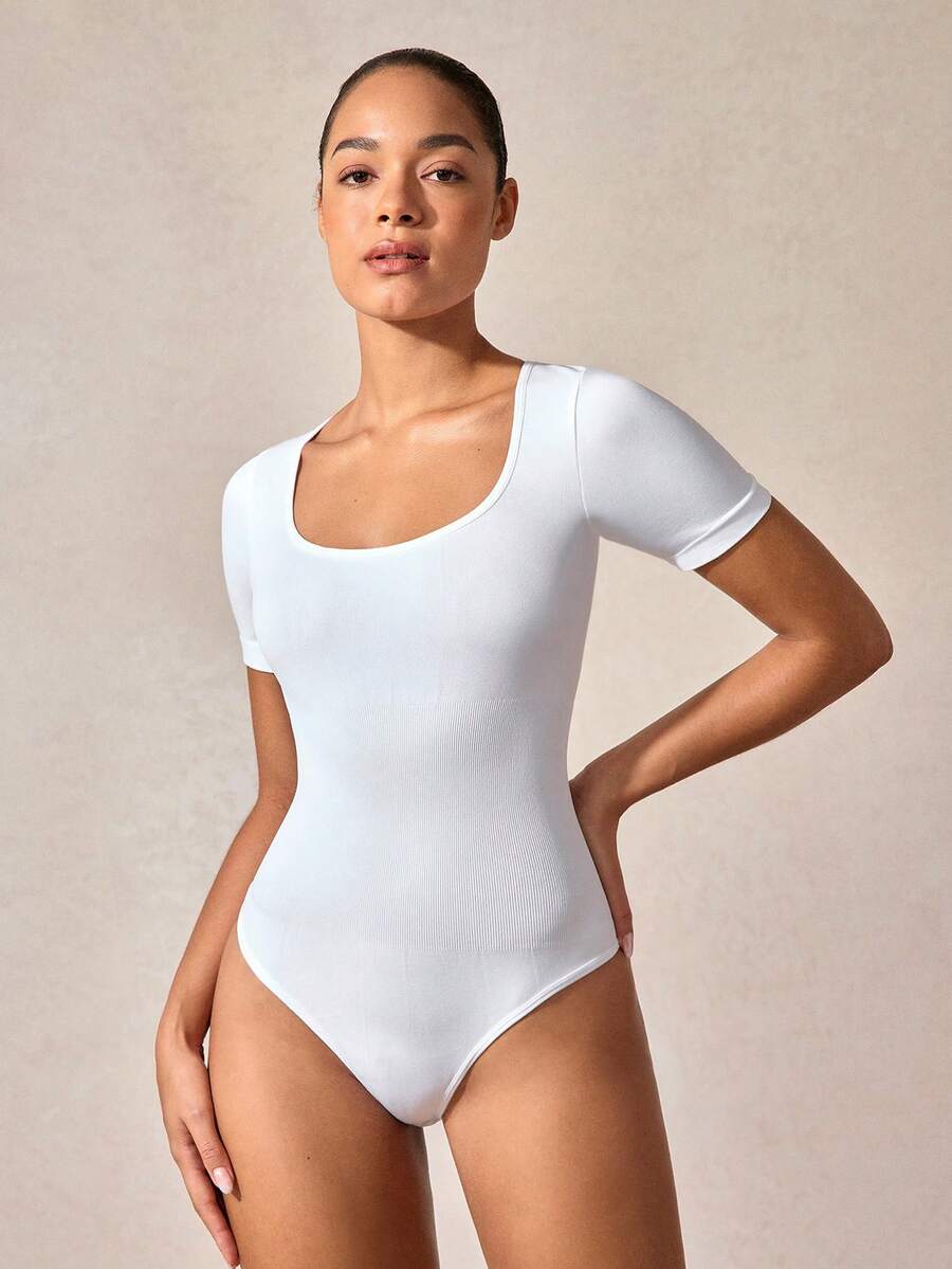 Veilyse 1pc Women Solid Color Shapewear Bodysuit, Tummy Control Slimming Jumpsuitfor Summer - White - View 1