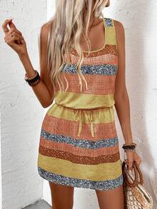 EMERY ROSE Women's Vacation Casual Colorblock Striped Sleeveless Dress - Yellow - View 6