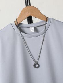 SHEIN Vacaura 两件套男童圆领印花T恤和短裤休闲日常穿搭 - 淺藍色 - 查看 5