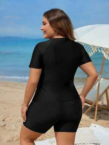 Swim SPRTY Plus Size Women Solid Color Raglan Sleeve Shorts Casual Tankini Set For Beach Vacation - Black - View 2
