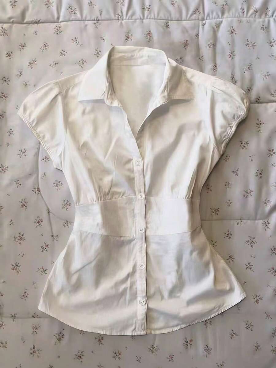 IslaSuriya 女士纯色袖口纽扣简约设计夏季休闲衬衫 - 白色 - 查看 1