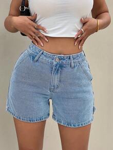 SHEIN PETITE 女士高腰口袋休闲百搭牛仔短裤 - 淺色水洗藍 - 查看 2