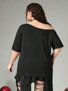 ROMWE Goth Plus Size Distressed Mushroom Skull Print Single Shoulder T-Shirt - Black - View 3