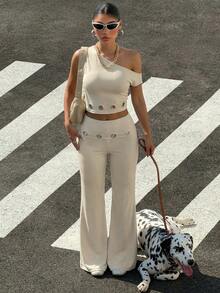 Muchica 针织女式金属环肩上衣和喇叭裤套装 - 杏色 - 查看 3