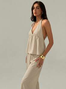 Aloruh Women's Solid Color Minimalist Daily Wear Halter Top And Pants 2 Pieces Set - Beige - View 5
