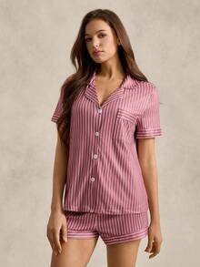EverLounge Women's Dusty Pink Striped Pajama Set,Summer Casual Lounge Short Sleeve Button-Up Top & Elastic Waist Shorts,Relaxed Fit Soft Fabric Classic Design - Multicolor - View 3