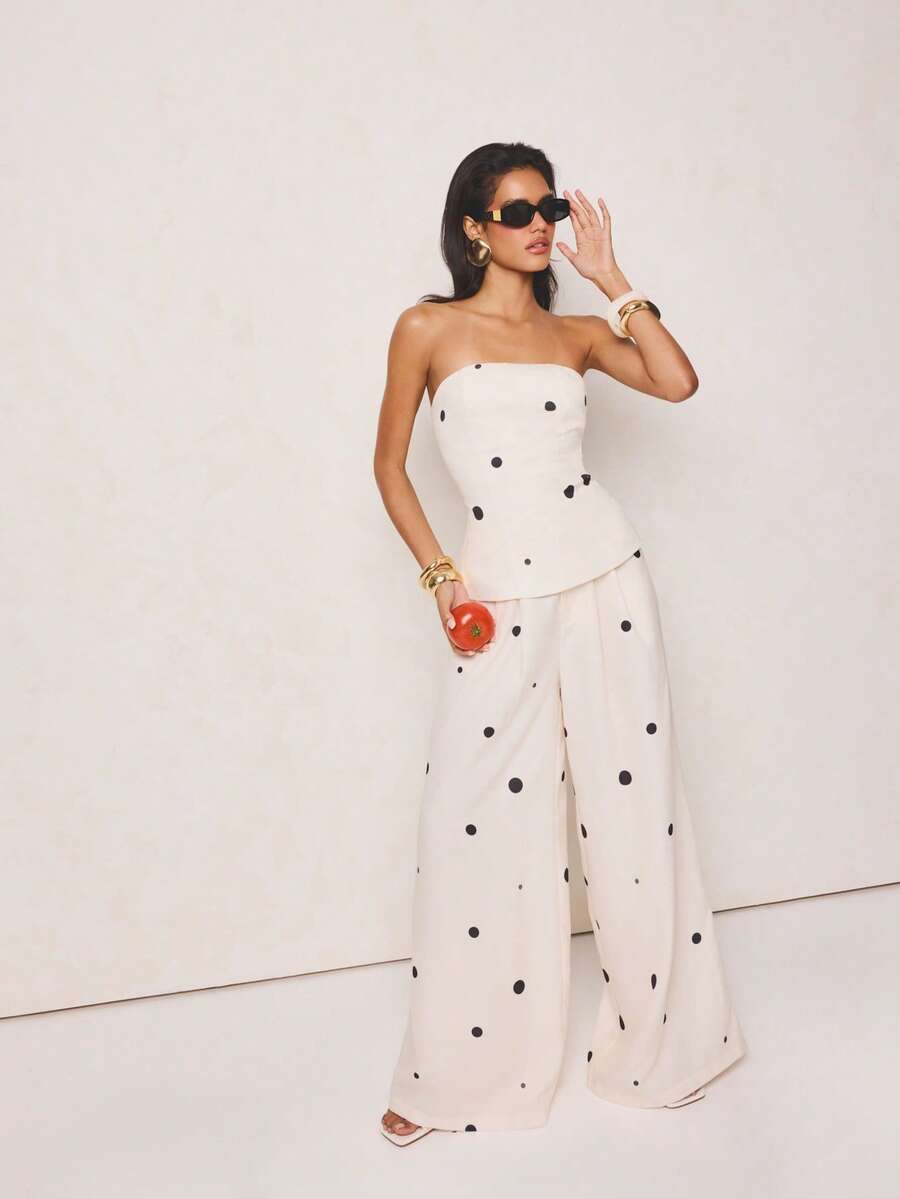 AiiRZ 女士无肩带波点两件套套装，阔腿裤搭配抹胸上衣，夏季穿搭 - 米色 - 查看 1