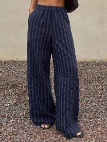 Livesso 女士休闲条纹阔腿裤 - 黑色 - 查看 5