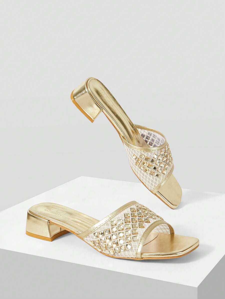 MOTF Mẫu sandal đế vuông kiểu Pháp cổ điển năm 2026, chất liệu lưới, đính đá lấp lánh, gót dày, thanh lịch, thoải mái, đa năng, cao cấp, thoáng khí, thích hợp cho nữ đi biển. - Vàng - Xem 1