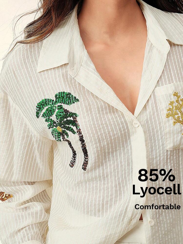 Women's Colorful Beaded Embroidered Coconut Tree Long Sleeve Striped Blouse, For Spring/Summer