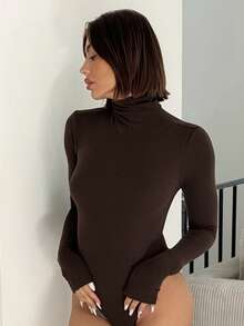 IamThia Women's Brown Mocha Solid Color Comfortable Knitted Cashmere Slim Fit Simple Bodysuit, Basic Tops, Going Out Outfits, Long Sleeve Tops For Women, Business Casual Woman, Winter Clothes For Women, Fall Clothes For Women - Coffee Brown - View 4