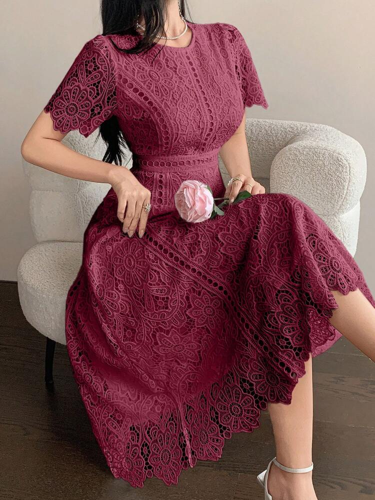 Elegant Lace Trim Short Sleeve Dress, Youthful And Refined Mini Dress Summer