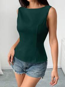 Pariaura Dark Green,Summer,Elegant,Night Out Backless Tie-Up Bow Sleeveless Shirt, Minimalist Office Business Wear,Spring Summer Classy Tops For Women - Dark Green - View 6