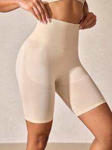 女士修身塑形短裤，收腹提臀，半透明 - 杏色 - 查看 5