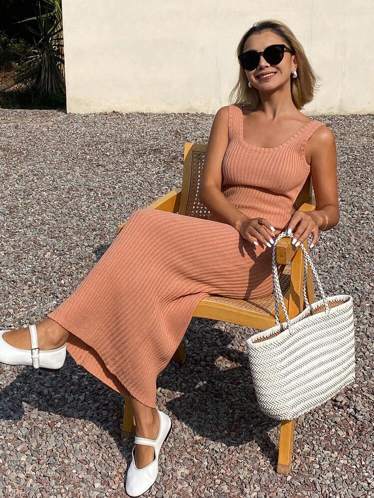 Women's Solid Color Crew Neck Sleeveless Casual Knit Dress Summer