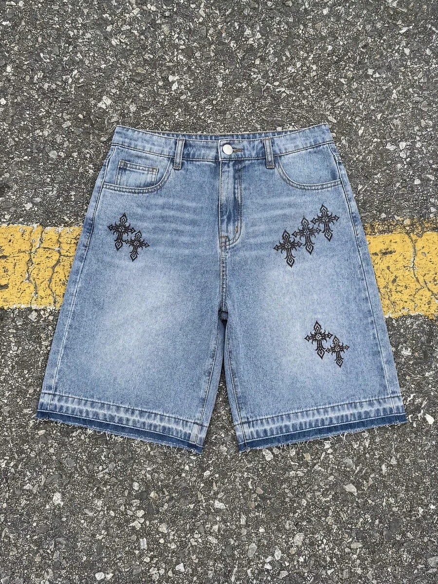青少年男款時尚返校街頭風哥德百搭設計Y2k復古酷街頭十字造型淺藍色寬鬆牛仔短褲日常穿搭夏季適用於狂歡節與街頭風返校 - 藍色 - 查看 1