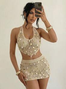 Swim SXY Women's 2-Piece Bikini Set, Crochet Knit Crop Top And Mini Skirt Set,Hollow-Out Streetwear For Music Festival,Tan,Summer,Boho,Beach,Holiday - Khaki - View 2
