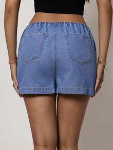 Sunnyshic Quần short denim nữ kiểu dáng thường ngày, có dây rút ở eo, thích hợp cho mùa hè. - Màu xanh lam - Xem 2