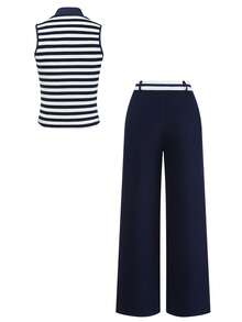 GlowEve 海军蓝条纹翻领不对称腰身长裤优雅两件套女装 - 藏蓝色 - 查看 2