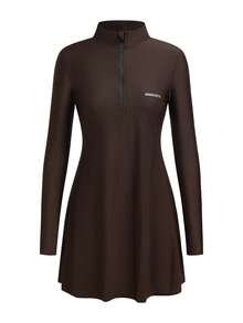 Innovista Women's Summer Letter Print Zipper Half-Zip Side Slit Long Sleeve Thumb Hole Sun Protection Jacket - Black - View 1