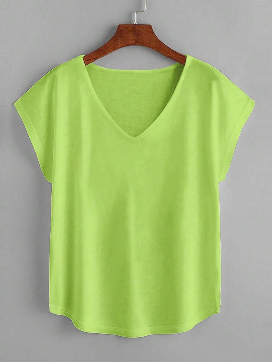 EMERY ROSE Women's Neon Green V-Neck Casual Loose Short Sleeve T-Shirt - Green - View 1