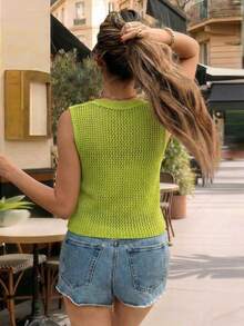 Elyressa V-Neck Sleeveless Knit Cardigan With Sequin Decor And Front Button Closure, Fashionable Sexy Golf Pastal Autumn - Green - View 2