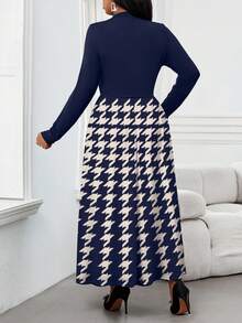 SHEIN Lady Đầm dài tay cổ tròn phối họa tiết kẻ caro dành cho nữ cỡ lớn, kiểu dáng thanh lịch. - Màu xanh hải quân - Xem 2