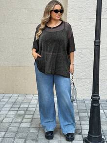 SHEIN CURVE+ 亮片薄纱圆领宽松套头衫，加大码 - 黑色 - 查看 5