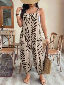 SHEIN Clasi Plus Size Women Spring/Summer Fashion Adjustable Waist Printed Jumpsuit - Apricot - View 5