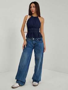 SHEIN PETITE Women's Pleated Halter Neckline Waist-Tied Backless Tank Top - Navy Blue - View 5