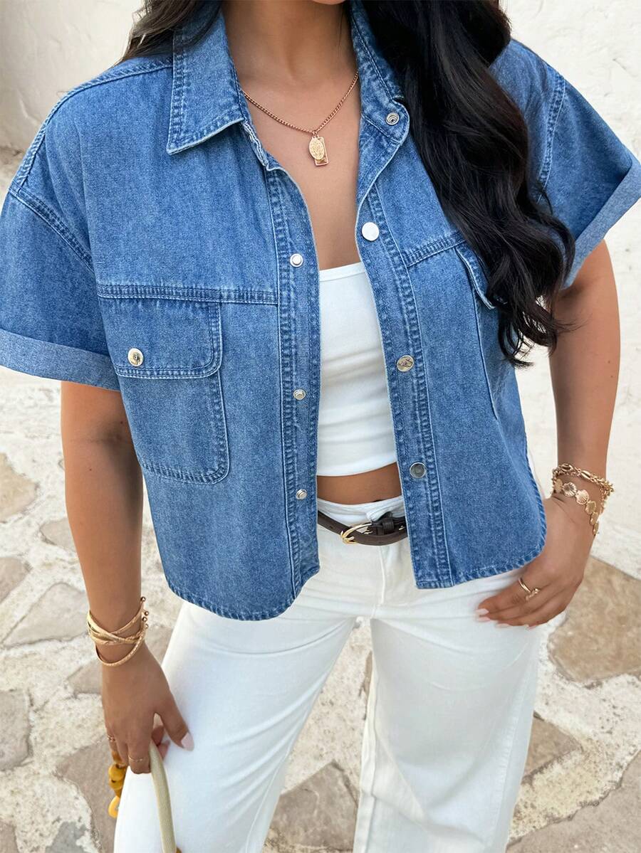 Rivivi Fashionable Casual Turndown Collar Button Washed Denim Jacket - Medium Wash - View 1